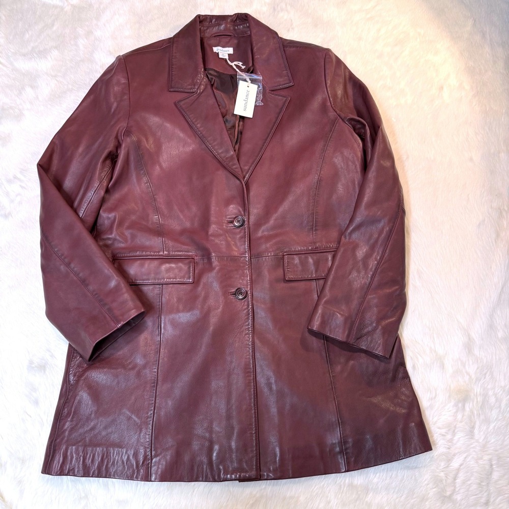 NWT Sundance Leather Blazer Women XL Burgundy Longline Two Button Trench Jacket